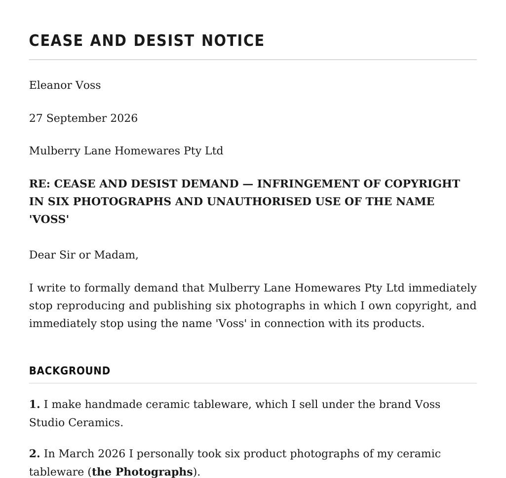 Example Cease & Desist drafted by Claim Done, with made-up names