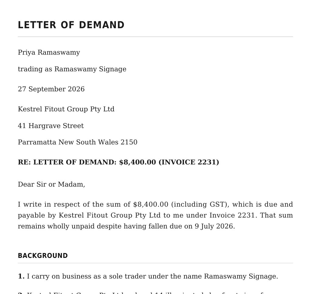 Sample letter of demand drafted by Claim Done